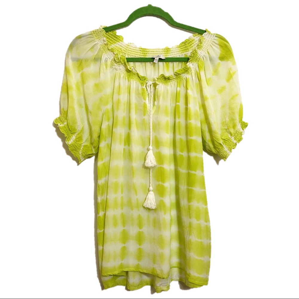 JOIE green print short sleeve tassel top. Large